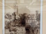 tableau représentant une scène urbaine avec une église et une rivière