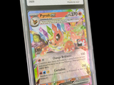 a pokemon card in a plastic holder on a black background