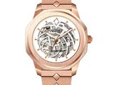un gros plan d'une montre sur un fond blanc avec un fond blanc