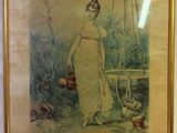 tableau représentant une femme en robe blanche tenant un panier de fleurs