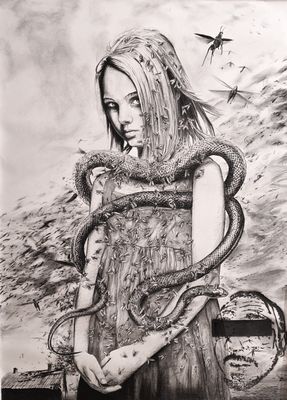 dessin représentant une femme avec un serpent enroulé autour du cou