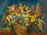 une peinture à l'huile représentant un panier de fleurs posé sur une table