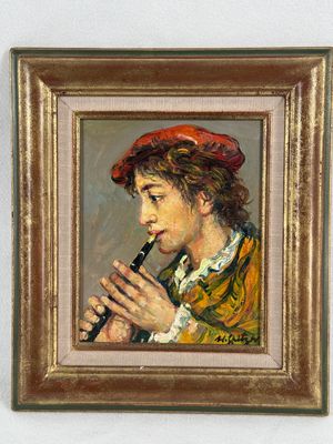tableau représentant un garçon jouant de la flûte à bec, coiffé d'un béret rouge