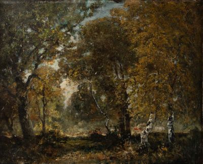 an image of a painting of a horse drawn carriage in a wooded area