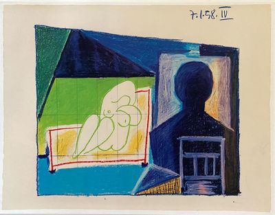 painting of a man looking at a painting of a bird on a window sill