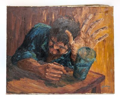 an oil painting of a man sitting at a table with his hands on his face
