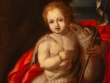 an image of a painting of a child holding a goat