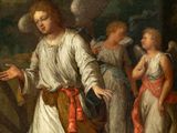 painting of a painting of a man standing in front of a group of angels