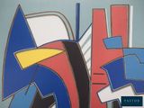 abstract painting of blue, red, and yellow shapes on a light blue background