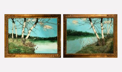 two paintings of trees and a body of water in a gold frame