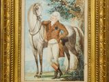 tableau représentant un homme debout à côté d'un cheval blanc dans un champ