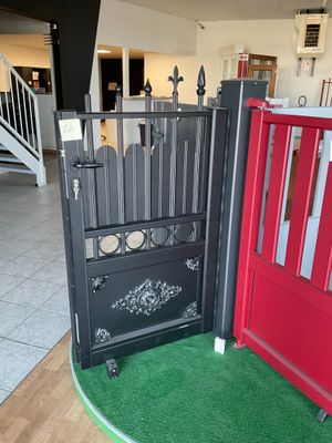 une porte rouge et un portail noir dans une pièce