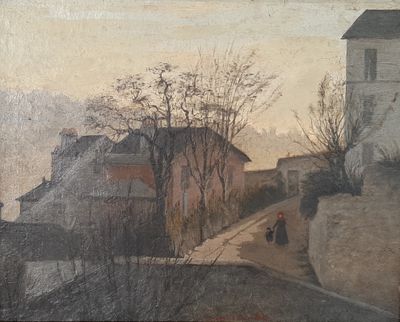 tableau représentant une vue d'une ville avec une personne marchant dans la rue
