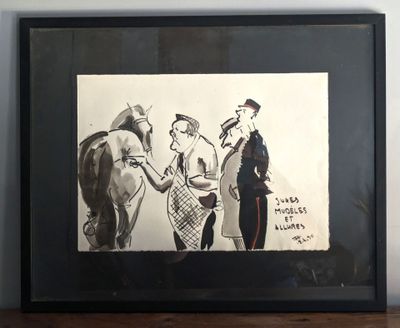 tableau représentant un homme et une femme debout à côté d'un cheval