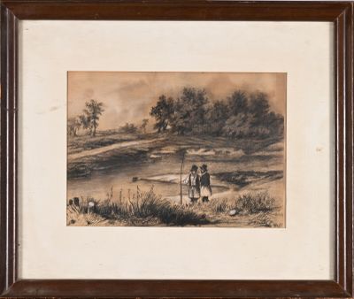 painting of two men riding horses in a field with trees in the background