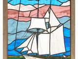an image of a stained glass picture of a sailboat in the ocean