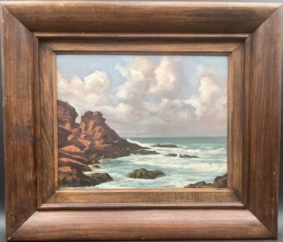 a painting of a beach scene with rocks and water