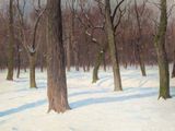 a painting of a snowy forest with trees in the foreground