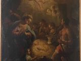 an old painting of a nativity scene with angels above a manger