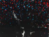 a black and red painting with blue and red dots on it