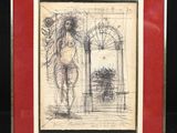 drawing of a man standing in front of a doorway with a dog
