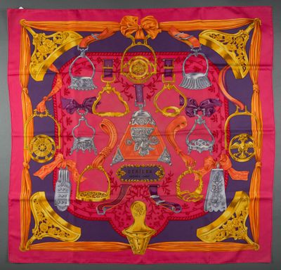 pink and purple silk scarf with gold and red design