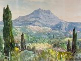 a painting of a mountain in the distance with trees in the foreground