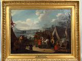 an oil painting of a group of people on horseback in a landscape