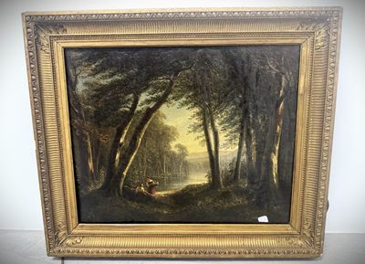 an oil painting of a wooded scene with a man resting on a bench