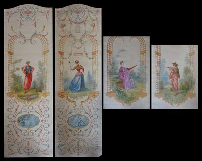 quatre tableaux composés de panneaux représentant des femmes et un homme dans un paysage