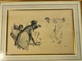 drawing of a group of people walking in a line with a man in a suit