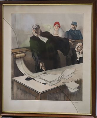 tableau représentant un homme assis à un bureau, avec des papiers devant lui et un groupe de personnes derrière lui
