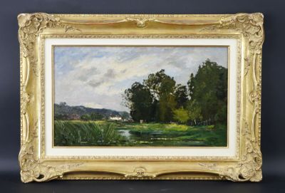 une peinture d'un paysage avec des arbres et une rivière au premier plan