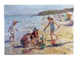 un tableau représentant un groupe d'enfants jouant sur la plage