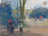 un tableau représentant des personnes marchant sous la pluie avec des parapluies