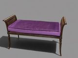 a bench with a purple cushion on top of it