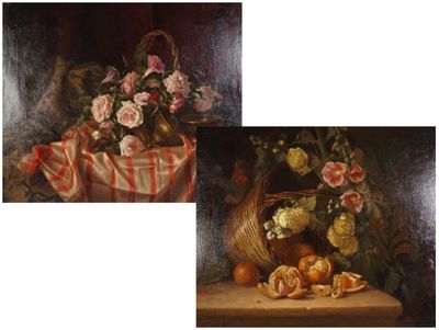 deux tableaux représentant des fleurs et des fruits posés sur une table, avec un panier d'oranges