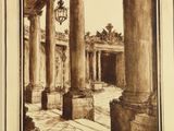 an image of a drawing of a building with columns and a clock