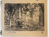 un vieux dessin représentant une femme assise sur une fontaine dans un parc
