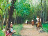 un tableau représentant un groupe de personnes à cheval dans les bois