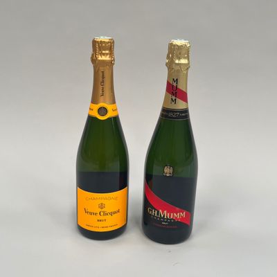 deux bouteilles de champagne posées l'une à côté de l'autre sur une table