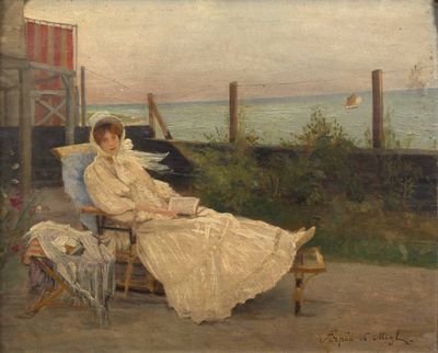 painting of a woman in a white dress sitting in a chair by the water