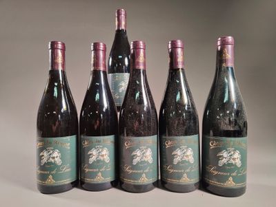 six bouteilles de vin sont alignées sur une table