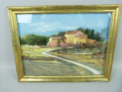 painting of a house in a field with a dirt road in front of it