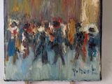 a painting of a group of people walking down the street