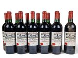six bottles of red wine lined up in a row on a white surface