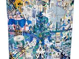 une photo d'une tapisserie représentant un paysage urbain