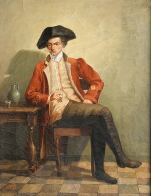 tableau représentant un homme vêtu d'un manteau rouge et d'un chapeau, assis sur une chaise