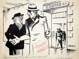 drawing of a man in a suit and hat talking to another man in a suit and hat