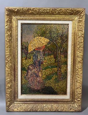 un tableau représentant une femme avec un parapluie dans un jardin